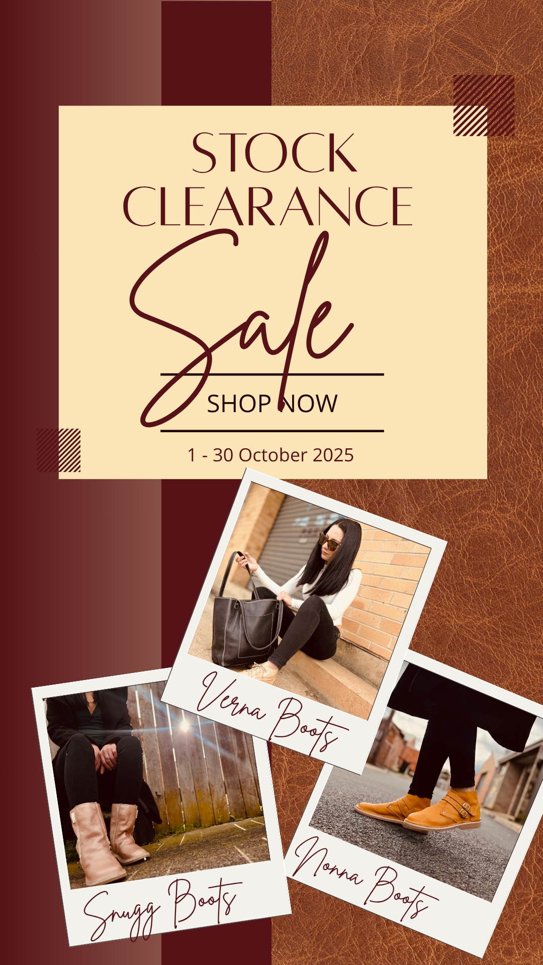 Promotional poster for Humba Hides stock clearance sale with photos of people wearing boots and text on a brown background.