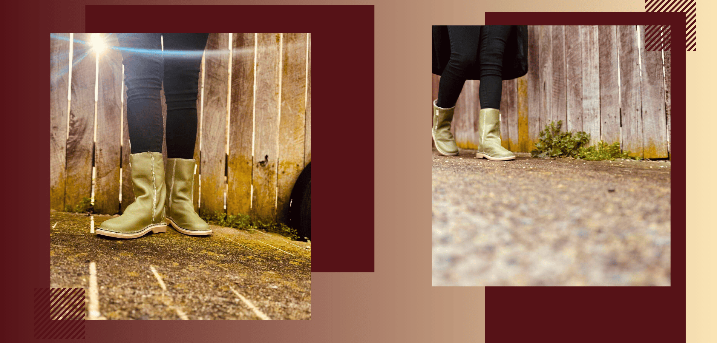 Collage of green boots on a wooden floor with a blurred background