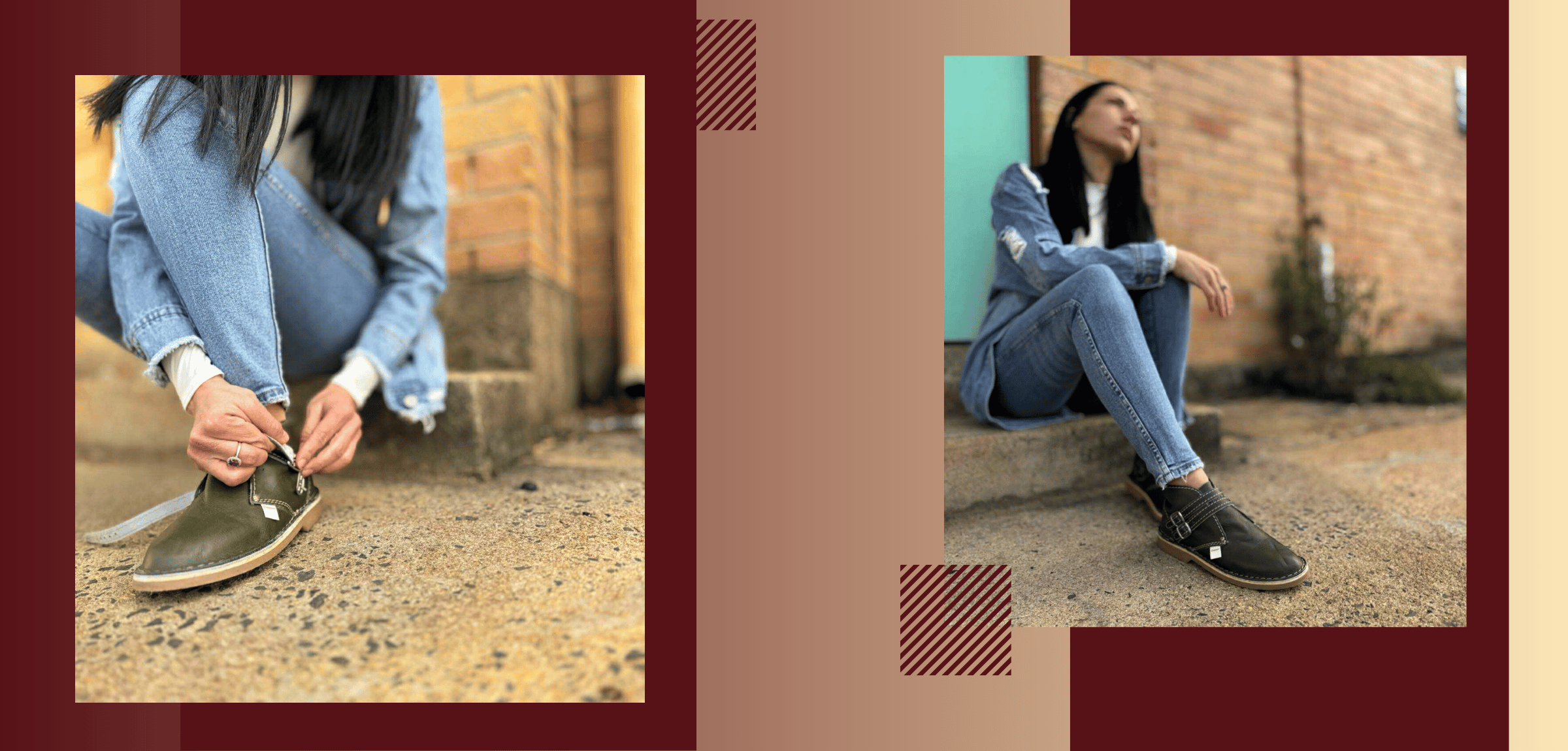 Person wearing olive nonna boots 
sitting on steps with a red border.