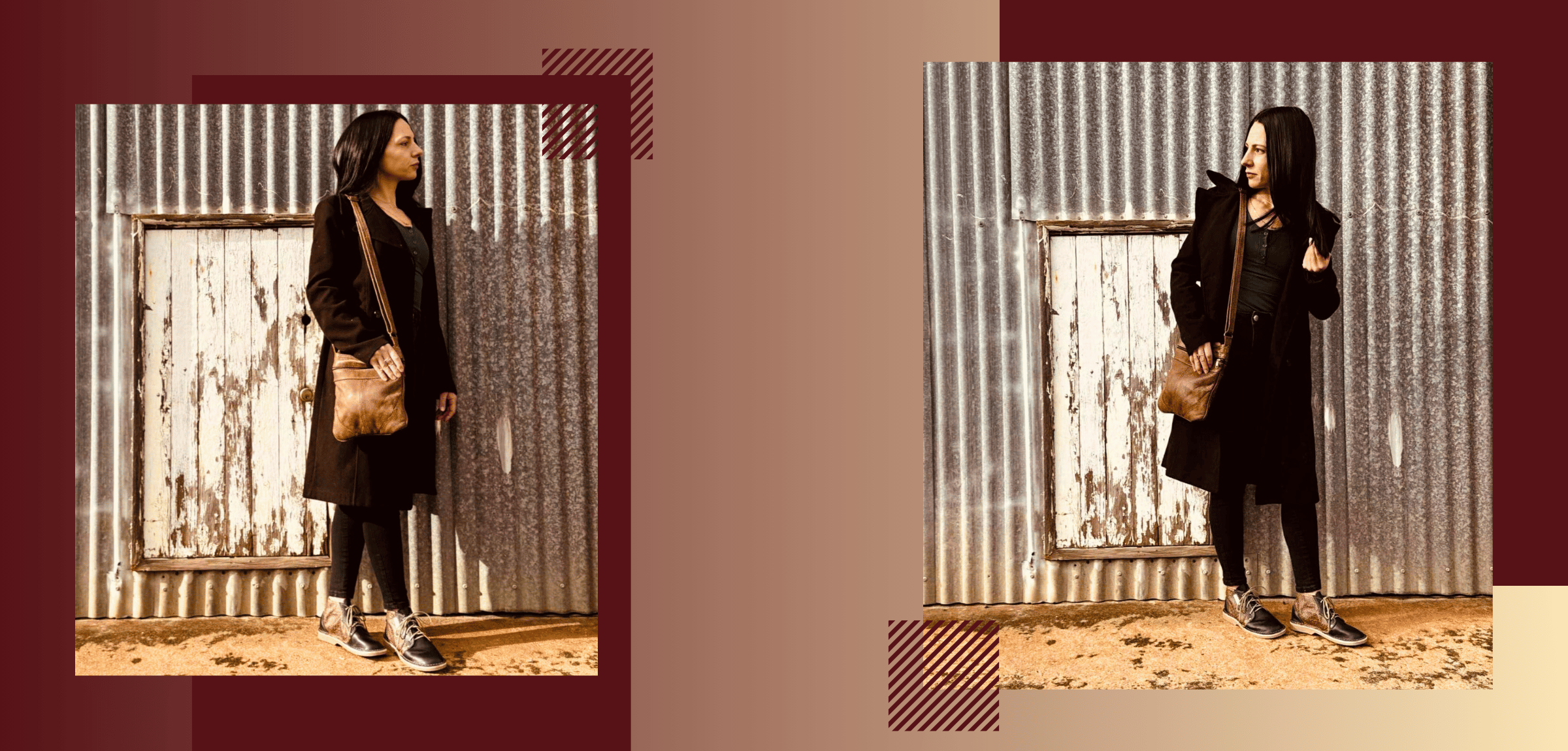 Woman standing in front of a corrugated metal wall with a brown background