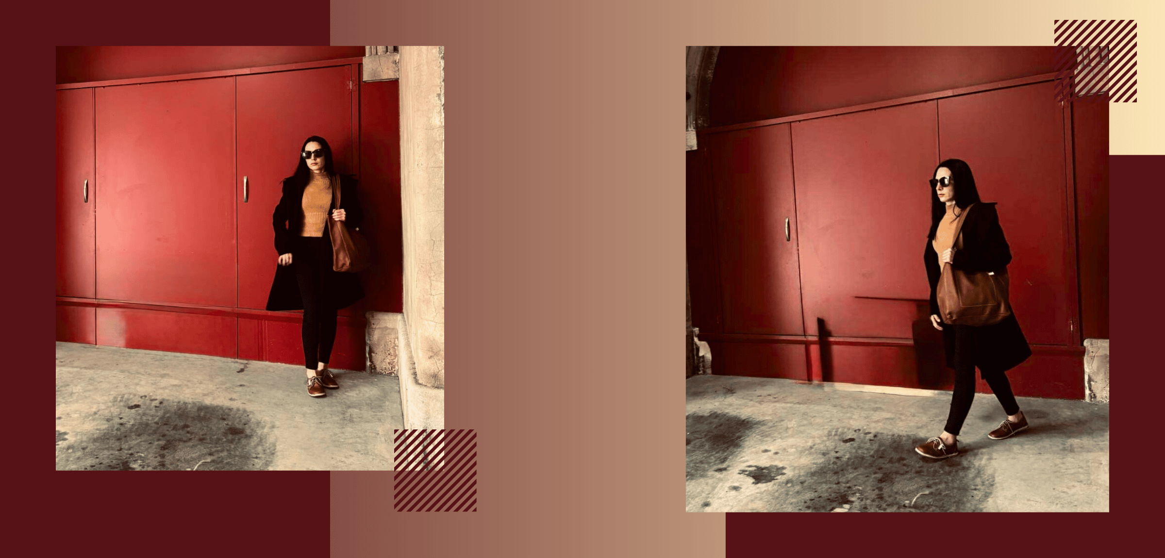 Woman walking in front of a red wall with a patterned border