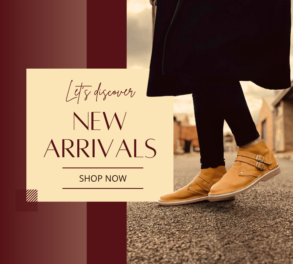 Person wearing tan shoes with a promotional sign for 'New Arrivals' and 'Shop Now'.