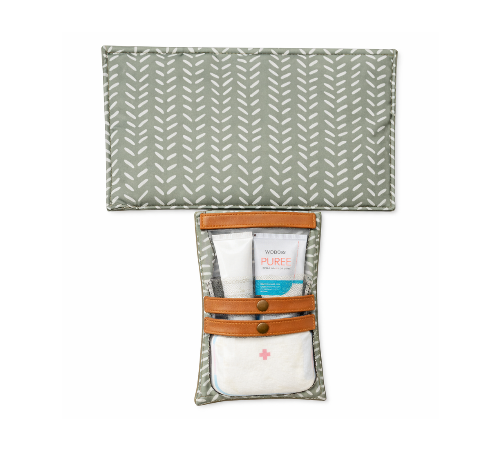 Humba Hides Travel Clutch – An open Portable Nappy Changing Station showing Sage Affair pattern in waterproof material and genuine leather backing on a white background
